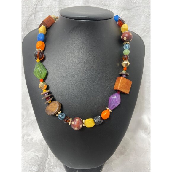Wooden Glass Bead colorful Necklace Circa 1980’s - Picture 1 of 4